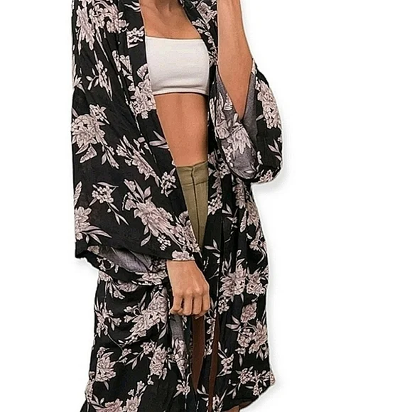 Spiritual Gangster Maya Black Floral Kimono Cover-up - Picture 1 of 10